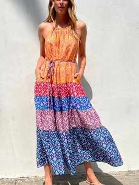 XIRENA Viv Fiesta Silk Cotton Maxi Dress Flowy Oversized MultiColor Print Size M